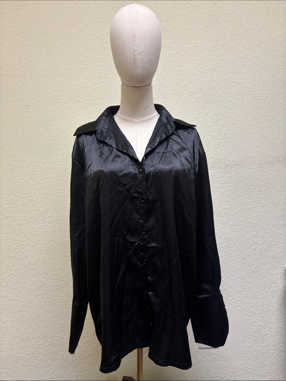 Black Satin Button-Up Blouse